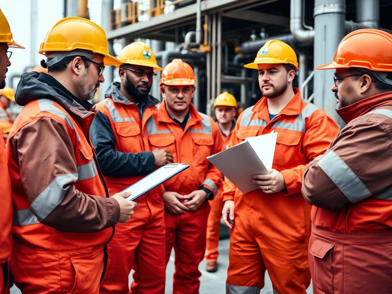 Safety officer holding a toolbox talk with industrial workers in hi-vis coveralls