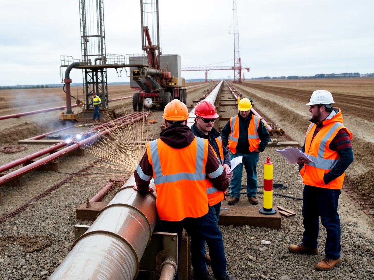 Engineers and welders at an oil pipeline construction site
